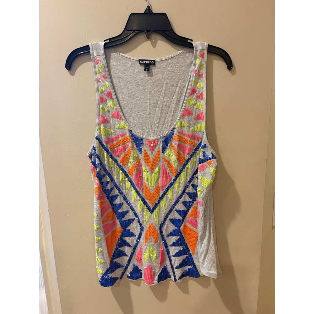 Express Womens Large L Neon Sequin Geometric Tribal Tank Top Heather Gray Scoop